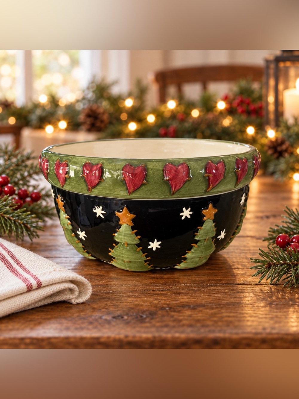 Center Street Design Christmas Tree Folk Art Serving Bowl 10”